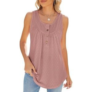 **NIB*** - Tops - Sleeveless Eyelet Scoop Crew Neck Botton Down Blouses pink